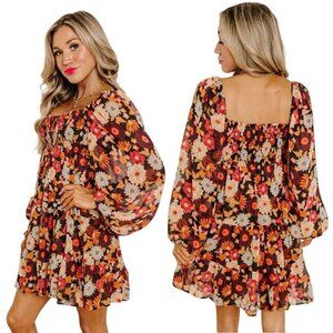 Dress Forum floral autumn smocked puff long sleeves mini dress S